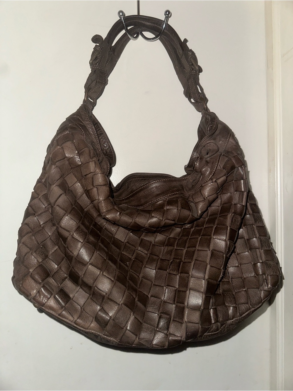 Woven Leather Hobo Bag in Dark Brown